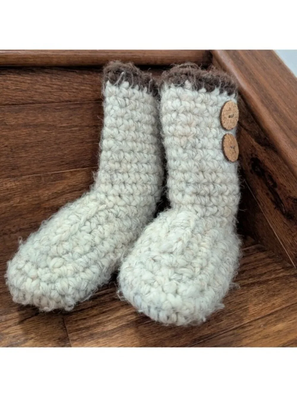 Handmade Wool Suede & Shearling Cream & Brown Crochet Baby Boots Sz 1-2 Years